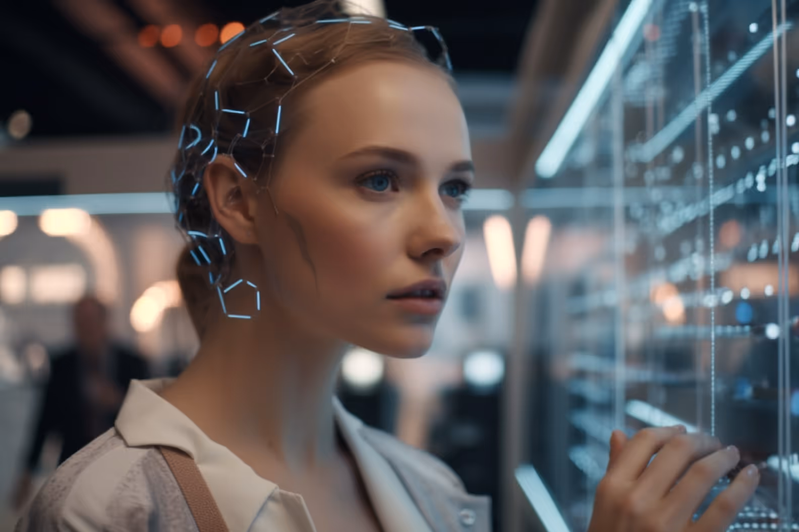 AI Girl looking into data server